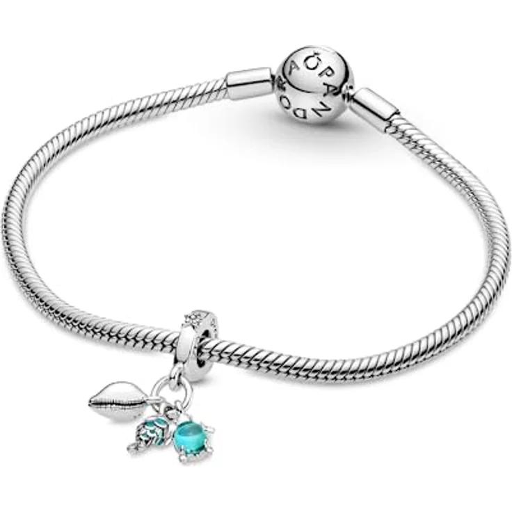 PANDORA Moments Dreifacher Charm-Anhänger, Fisch, Meeresschildkröte & Muschel aus Sterling-Silber mit türkisfarbenen Emaille-Details und Murano-Glas, kompatibel mit Moments Armbändern – Bild 5