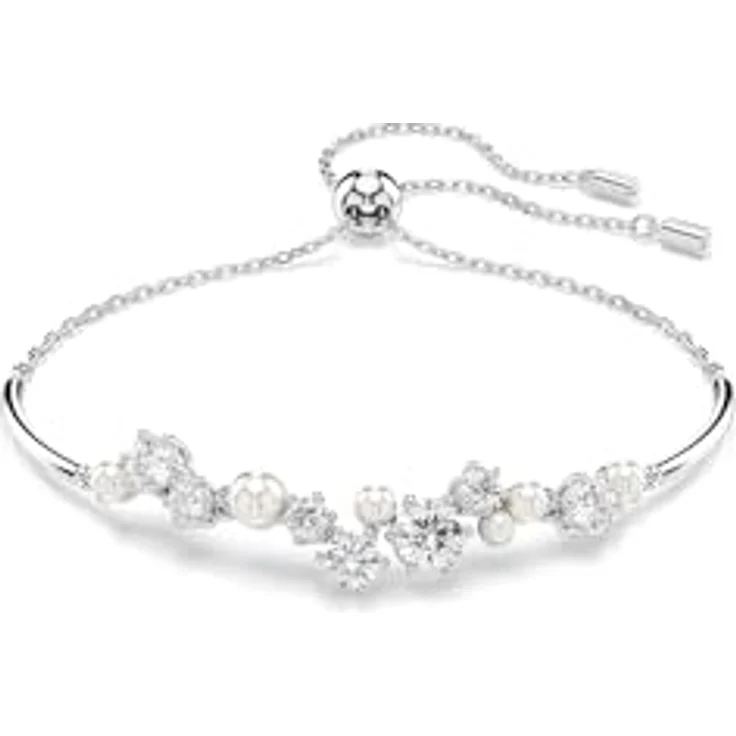 Swarovski Constella Armreif, Rhodinierter Damenarmreif mit weißen Kristallperlen und Zirkonia, Zugmechanismus, 24 cm Länge – Bild 1