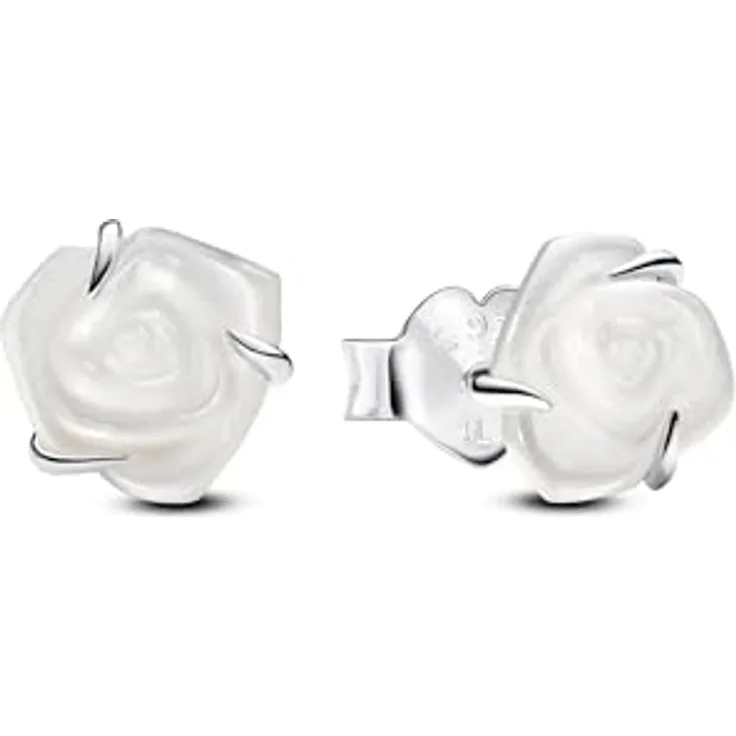 PANDORA Moments Weiße Blühende Rose Ohrstecker, aus Sterling Silber mit künstlichem Perlmutt, herzförmige Schmetterlingsverschlüsse