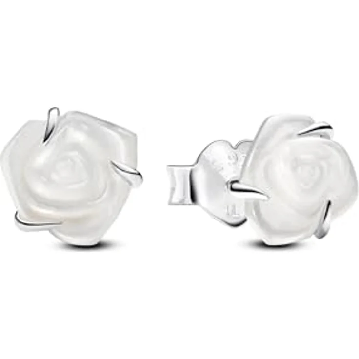 PANDORA Moments Weiße Blühende Rose Ohrstecker, aus Sterling Silber mit künstlichem Perlmutt, herzförmige Schmetterlingsverschlüsse – Bild 1