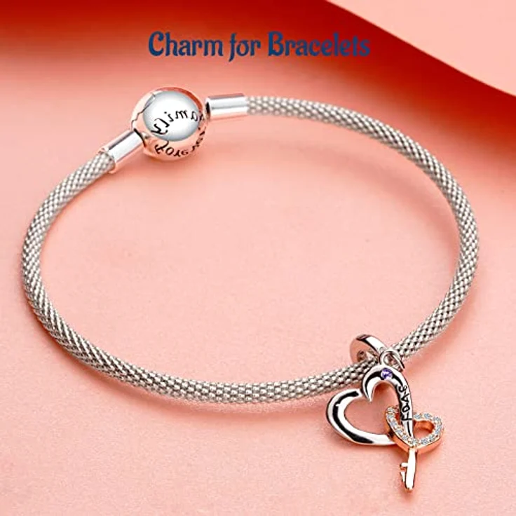 Amuefer Gold Key Heart Charms, 925 Sterling Silber mit Platinbeschichtung und 5A Zirkonia, dangle Charm für Armbänder und Halsketten – Bild 5