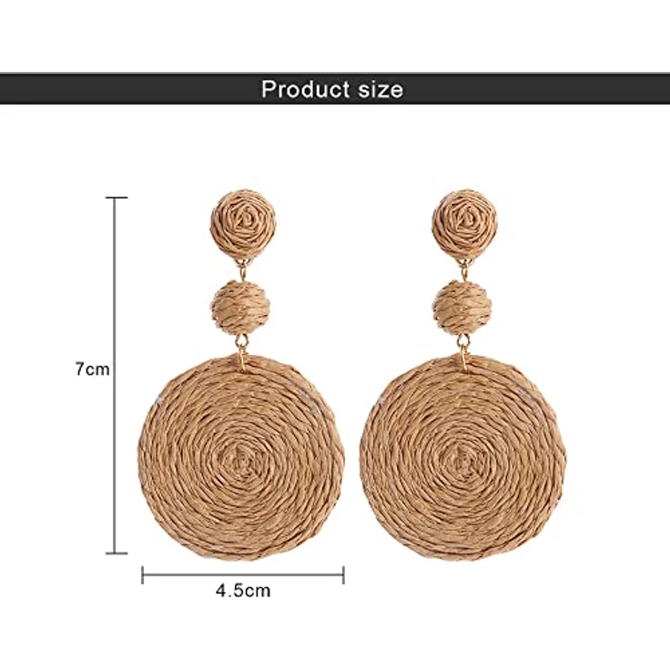 FDEETY Handgemachte Raffia Boho-Ohringe, Geometrische Creolen für Damen, Braun, 100% natürliche Rattanfaser, ultraleicht, perfekt als Geschenk – Bild 5