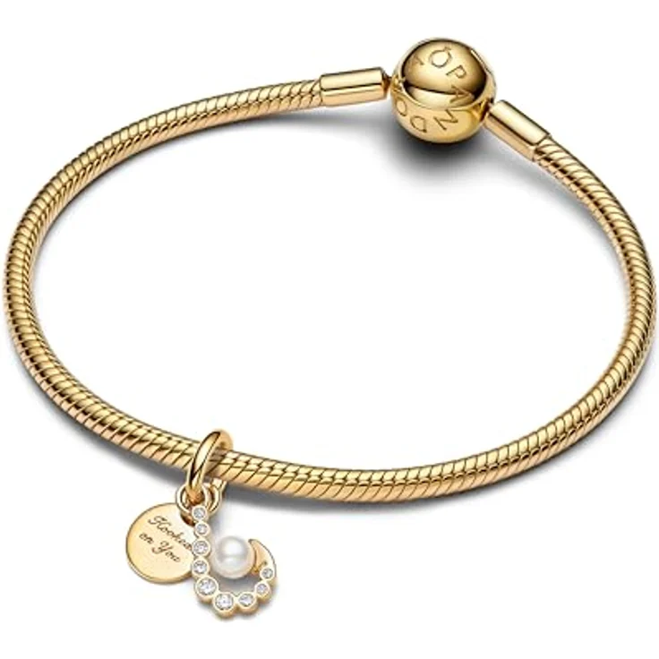 Pandora Moments Sonnenaufgang Medaillon Charm, 14 Karat vergoldetes Sterling Silber mit Zirkonia und Kunstperle, kompatibel mit ME und Moments Anhängern, 763891C01 – Bild 4
