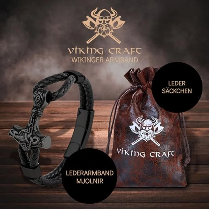 VIKING CRAFT Thor Lederarmband Mjölnir, 21 cm, schwarzes Wikinger Schmuck für Herren aus Leder und Edelstahl – Bild 2