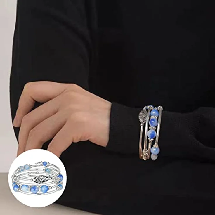 FULU AUTUMN Damen Boho Wickelarmband, mehrschichtiges Perlenarmband aus Silber mit Kristallglas-Details, 17-Sapphire – Bild 3