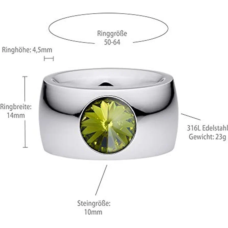 Heideman Damen-Ring coma 14, polierter Edelstahlring Größe 58 mit 10mm Olivine Zirkonia-Steinen, Made in Germany – Bild 4