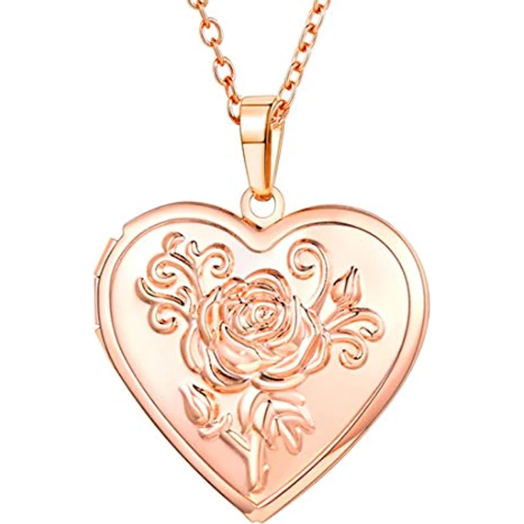 U7 Herz-Medaillon Kette zum Öffnen in Roségold, personalisierbares Foto-Amulett mit elegantem Blumen-Herzanhänger, 50-55 cm einstellbare Kettenlänge – Bild 1
