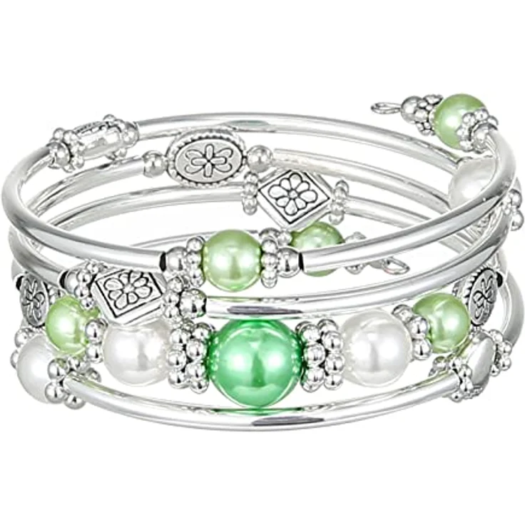 FULU AUTUMN Boho Wickelarmband, Mehrschichtiges Perlenarmband in Grün mit Silberakzenten, Modeschmuck für Damen, Geschenkideen zum Geburtstag und Muttertag – Bild 1
