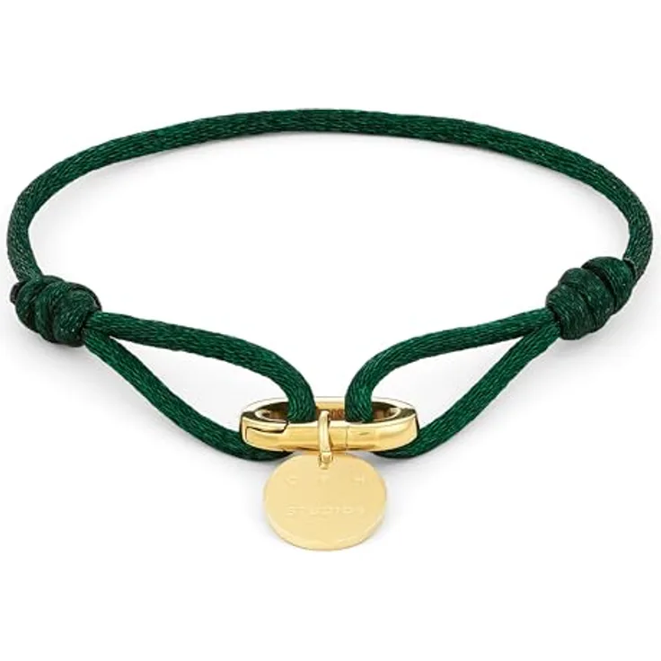 Copenhagen STUDIOS Fabric Link Bracelet, Damenarmband aus 14K vergoldetem Edelstahl mit grünem Stoffband und Karabiner-Charm, stufenlos verstellbar
