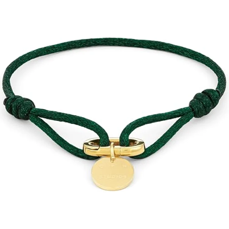 Copenhagen STUDIOS Fabric Link Bracelet, Damenarmband aus 14K vergoldetem Edelstahl mit grünem Stoffband und Karabiner-Charm, stufenlos verstellbar – Bild 1