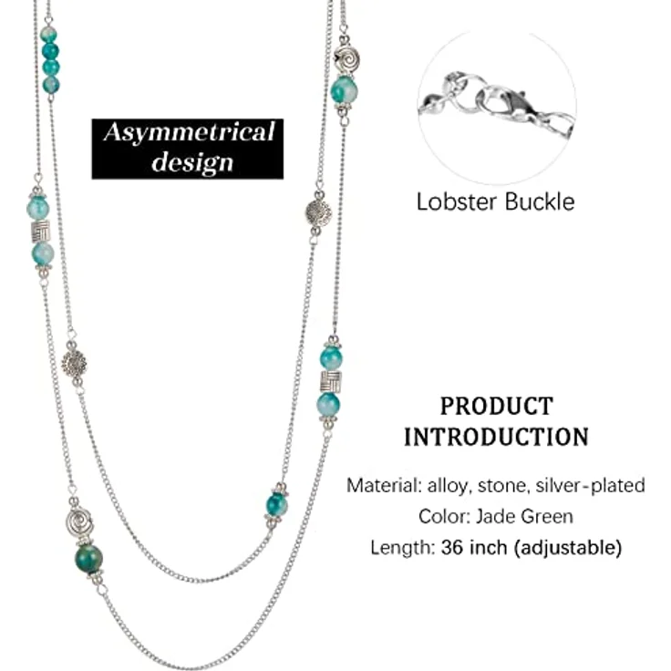 Bulinlin Damen Lange Perlen Kette, Statement Halskette mit Silber Anhänger, 36,5 Zoll, Jade green – Bild 5