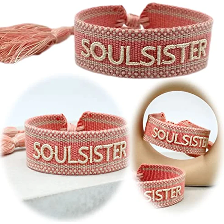 LS-LebenStil Soulsister Armband, Rosa Weiß, Quasten, besticktes Boho Canvas Webarmband, 16-20cm, Damen Freundschaftsarmband, waschbar – Bild 3