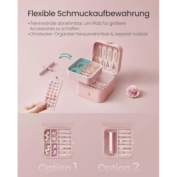 SONGMICS GISELLA Schmuckkästchen Reise, tragbare Schmuckaufbewahrung mit 2 Ebenen, pastellrosa, 11,2 x 11,8 x 7,2 cm – Bild 5