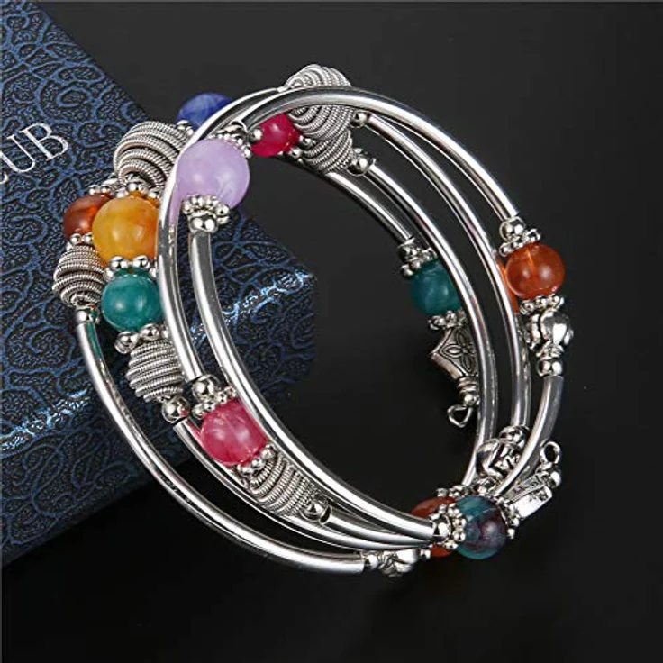 Bulinlin Silber Wickelarmband, Mehrschichtiges Damenarmband mit Natursteinperlen im Boho-Stil, farbenfroh, perfektes Geburtstagsmodegeschenk – Bild 2