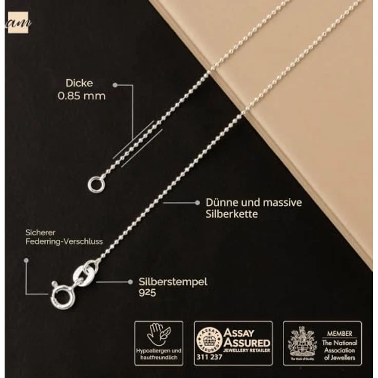 Amberta 925 Sterling Silber Halskette für Damen und Herren, Super Dünne Kugelkette in Silber, 40 cm Länge, Elegantes Design – Bild 5