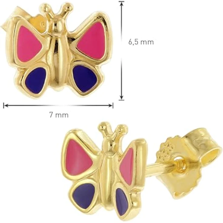 trendor 68436 Kinder-Ohrringe Gold 333/8K Ohrstecker mit Schmetterling, pink-lila lackiert, Größe 6,5 x 7 mm, inkl. Mikrofaser-Pflegetuch – Bild 5