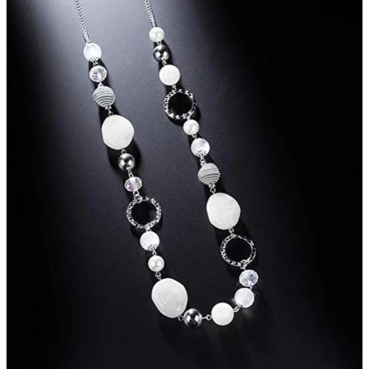 Bulinlin Damen Lange Perlenkette mit Silber-Metallkette und Harzperlen, Boho Stil, 35 Zoll+3 Zoll verlängerbar, Weiß – Bild 4