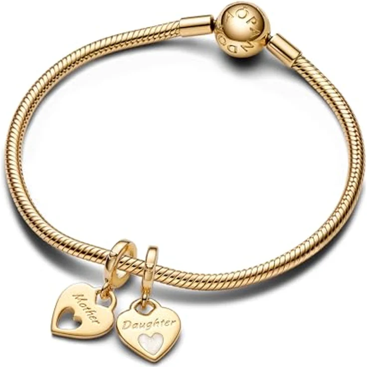 PANDORA Moments Doppeltes Herz Charm-Anhänger aus Sterling Silber mit vergoldeter Metalllegierung, graviert mit „Mother“, „Daughter“, „Forever“, kompatibel mit ME und Moments Armbändern, 769187C01 – Bild 3