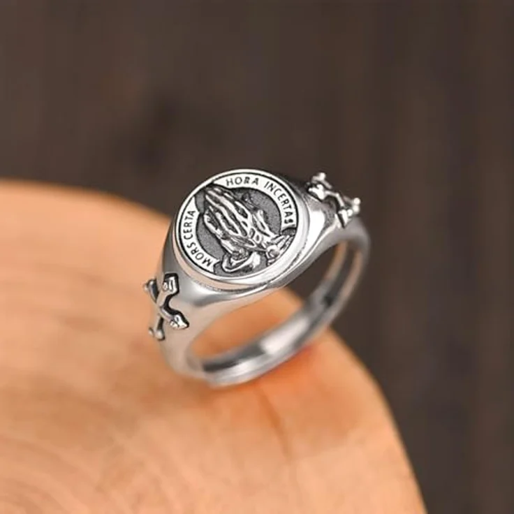 KONFEN Betende Hände Herren Ring, Verstellbarer Wikinger Ring aus hypoallergenem Material, Silber, Vintage Hip Pop Gothic Punk Design – Bild 2