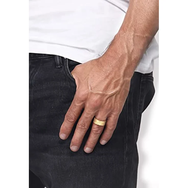 Kuzzoi Herrenring Bandring massiv (9 mm) breit, gehämmert in 925 Sterling Silber vergoldet, Ringgröße 60, Geschenkidee für Männer – Bild 4