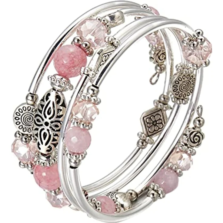 FULU AUTUMN Damen Boho Armband, Mehrschichtiges Perlen Wickelarmband aus Legierung mit Kristallglas und Versilberung, Geschenkbox, Pink – Bild 5