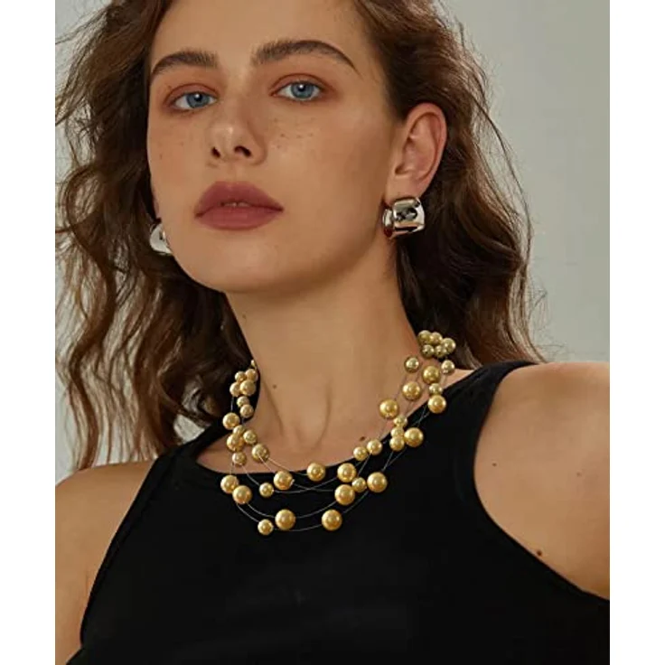 FULU AUTUMN Boho Perlenkette Damen Silber, mehrreihige Statementkette, gelb, 17 Zoll mit Geschenkbox – Bild 4