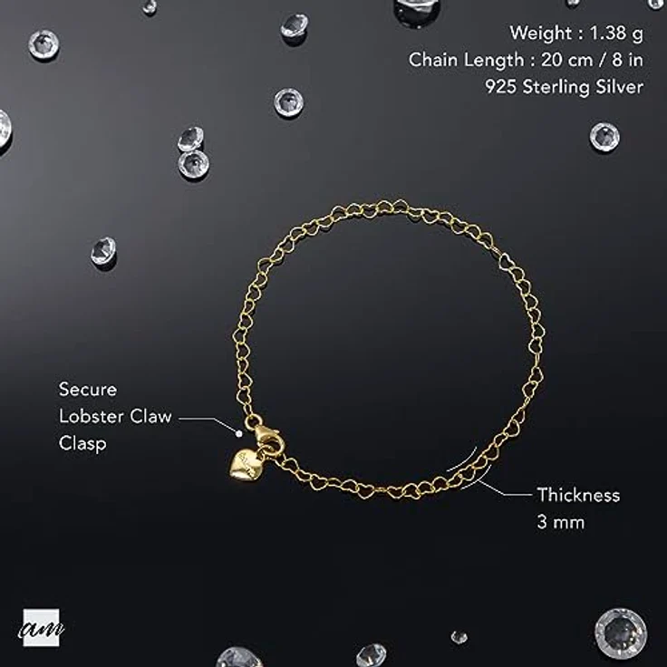 Amberta Damen Herz Armband, 925 Sterling Silber vergoldet, hypoallergen, verstellbare Länge bis 20 cm, langlebiger Verschluss – Bild 5