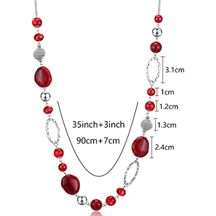 Bulinlin Langkette Damen, Silber Perlen Boho Statement Halskette, 35+3 Zoll, Rot – Bild 5