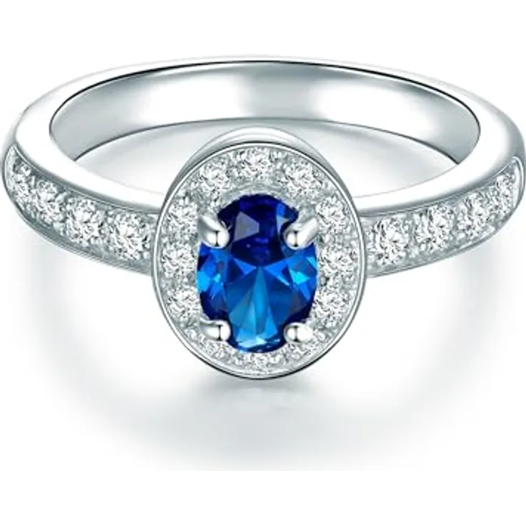 Trilani Damen-Entouragering Diana, Sterling Silber mit blauen und weißen Zirkonia, Glanzstück mit 57 Facetten im Brillantschliff, 2,8 mm Ringschiene