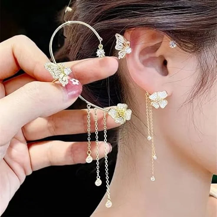 BSLVWG Schmetterling Ohrringe Set, Silber Ohr Manschette ohne Piercing, Clip Wrap mit Blumen Quaste und Zirkonen, Gold – Bild 3
