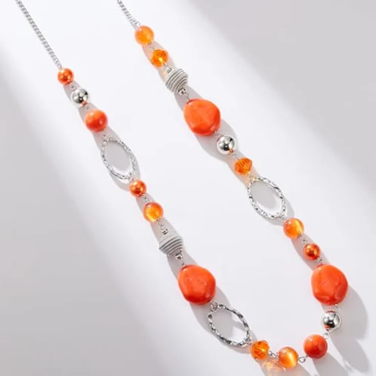 Bulinlin Lange Silber Perlenkette für Damen, Boho Statement Chain, 35+3 Zoll, Orange, Modeschmuck Geschenkidee – Bild 4