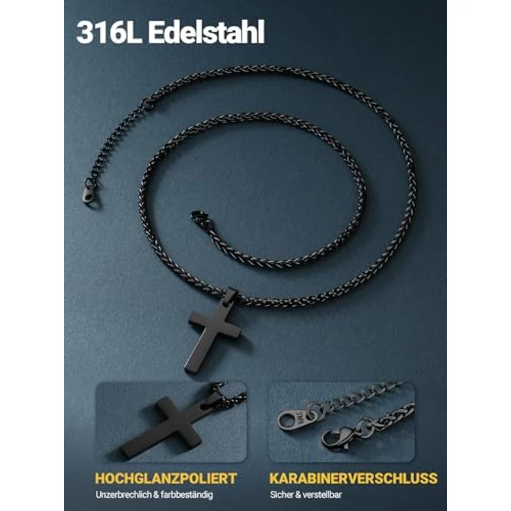 PROSTEEL Edelstahl Kreuz Kette, Halskette mit großem Kreuz-Anhänger 43mm*20mm, verstellbar 50cm/55cm, Schwarz, Christentum Schmuck – Bild 4