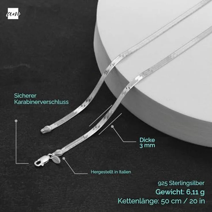 Amberta Damen Flache Schlangen Halskette, 925 Sterling Silber, 3 mm, 50 cm, Fischgrätmuster, Karabinerverschluss – Bild 5