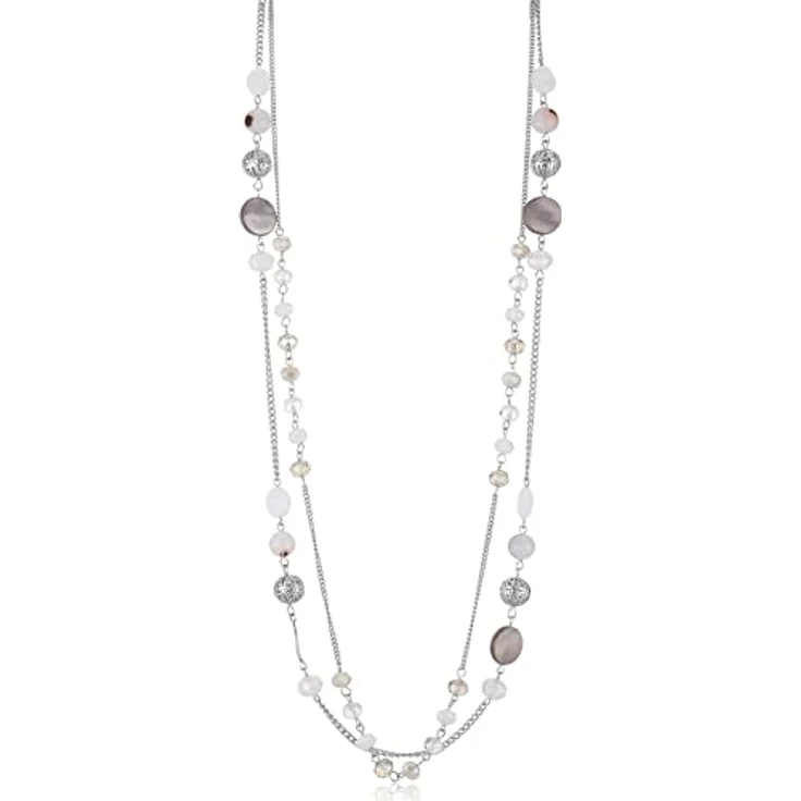 FULU AUTUMN Damen Statement Kette, Lange Perlenkette aus Silber, Zwei Strang Designs mit Kristallperlen und Achatmuscheln, 35 cm + 2,7 cm Verlängerung, Weiß – Bild 1