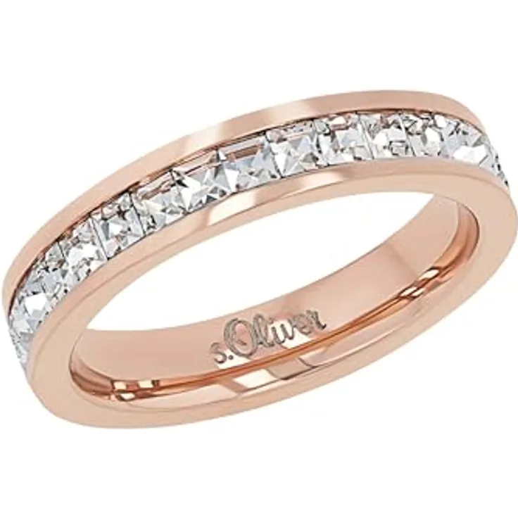 s.Oliver Damen Ring Edelstahl mit Kristallen, roséfarben, 4 mm breit, in Schmuck Geschenk Box