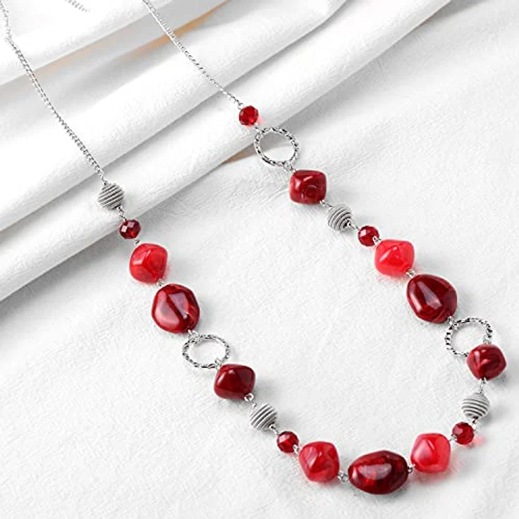 Bulinlin Silber Perplen Lange Halskette für Damen, Boho Statement Chain, 35+3 Zoll, Dunkel Hellrot, Modeschmuck Geburtstagsgeschenke – Bild 4