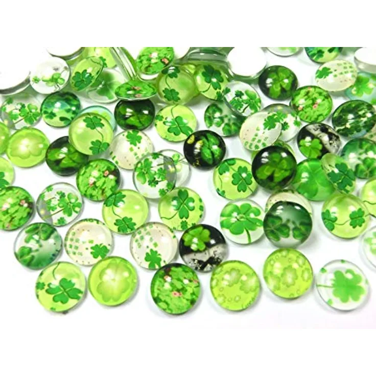 beadsvision 50 x Glascabochons 12mm Kleeblatt Mix, runde Glas Cabochons, Glücksbringer, 50 Stück mit glatter Rückseite