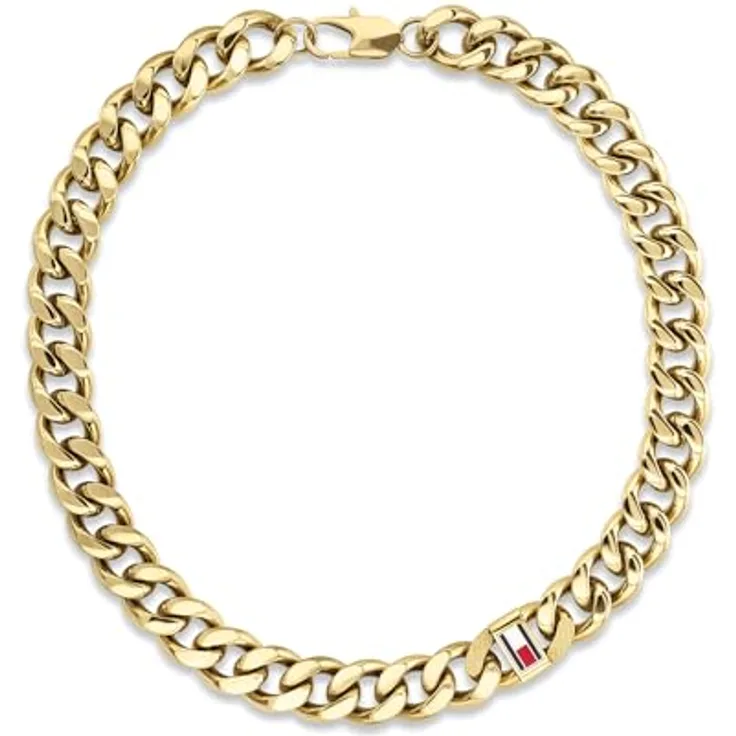 Tommy Hilfiger Jewelry Gliederhalskette für Herren, Gelbgold, mit ikonischer Flagge, 457,2 mm Länge, Edelstahl mit goldfarbener Oberfläche