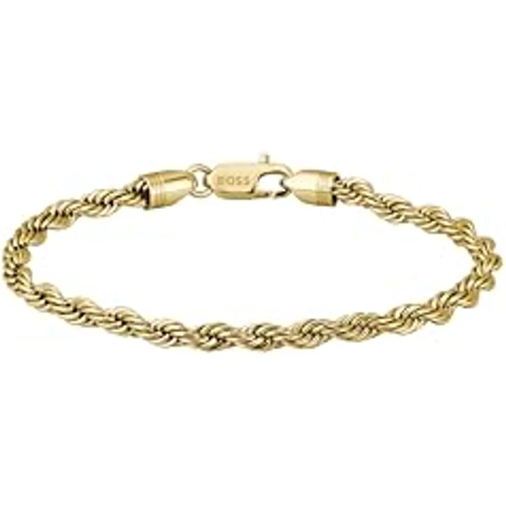 BOSS Myles Gliederarmband für Herren, Edelstahl mit hellgelber Gold-PVD-Beschichtung, 19 cm, Seilgeflecht mit Dreistreifen-Detail, Karabinerverschluss – Bild 1