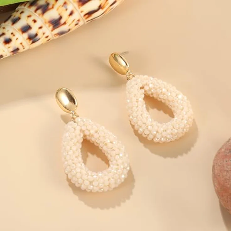 ROISE LADY Beige Boho Ohrringe, hängend mit tropfenförmigen Reisperlen, leichte und elegante Damen-Ohrringe im Bohème-Stil – Bild 5