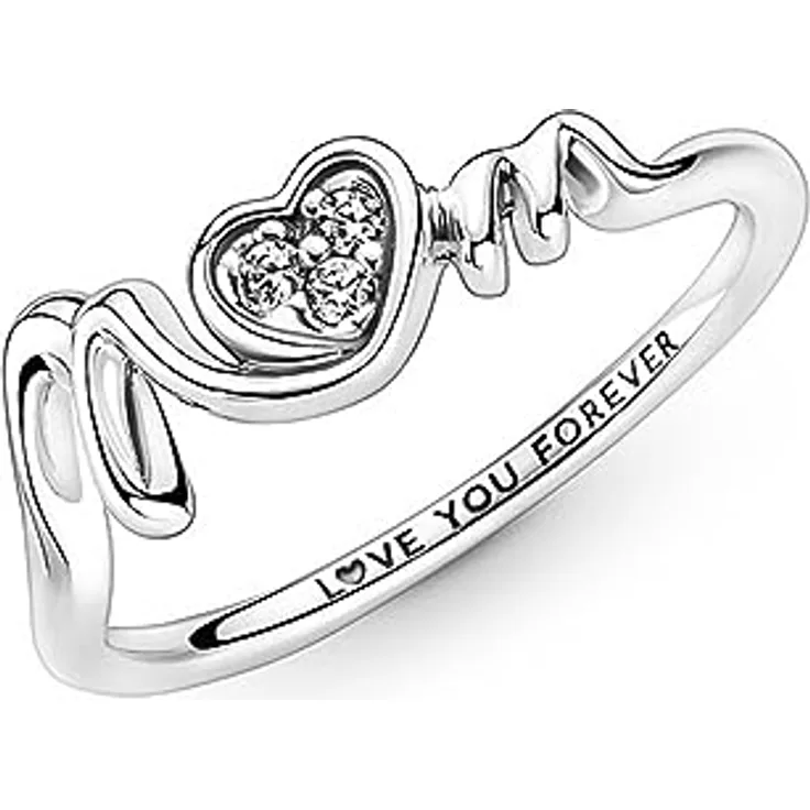 PANDORA Damen Ring "MOM mit Herz", Sterling-Silber mit Zirkonia, Gravur "LOVE YOU FOREVER"