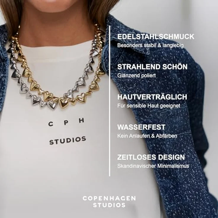 Copenhagen STUDIOS Halskette Puffy Hearts, silber - Statement-Kette aus poliertem Edelstahl, verstellbare Länge 40-48 cm, wasserfest & hautfreundlich – Bild 3
