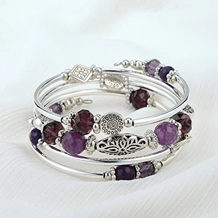 FULU AUTUMN Damen Boho Armband, mehrschichtiges Silber Wickelarmband mit facettierten Glasperlen, Geschenkbox, lila – Bild 2
