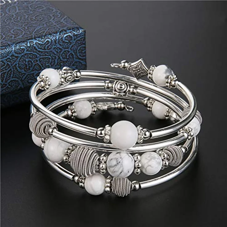 Bulinlin Silber Wickelarmband mit Howlite Naturstein Perlen, Boho Mehrschichtiges Damen Armband, perfektes Geburtstagsmodegeschenk für Frauen – Bild 3