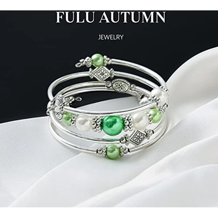FULU AUTUMN Boho Wickelarmband, Mehrschichtiges Perlenarmband in Grün mit Silberakzenten, Modeschmuck für Damen, Geschenkideen zum Geburtstag und Muttertag – Bild 3