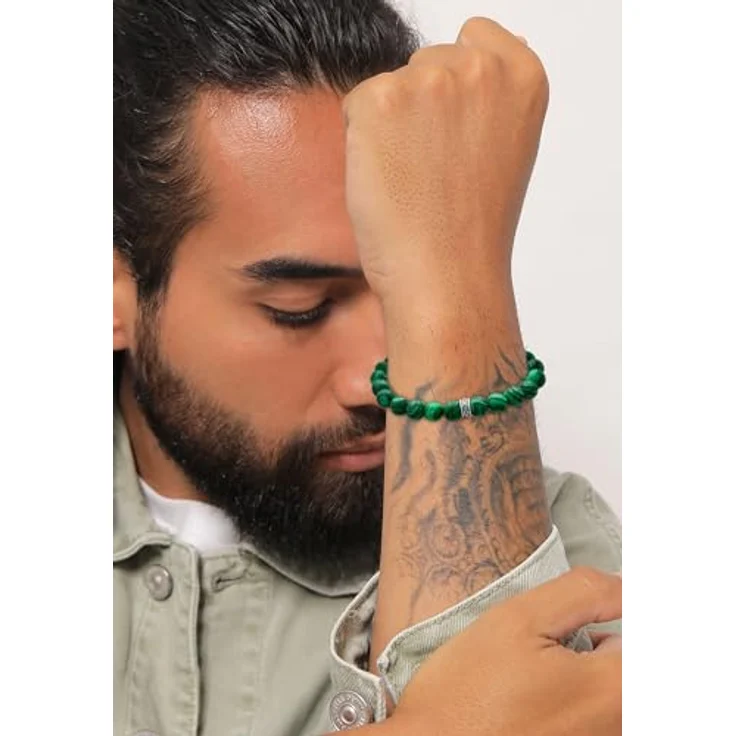 Kuzzoi Buddha Herren Armband, elastisches Yogaarmband mit grünen Malachit Edelstein Perlen und oxidierten 925 Sterling Silber Beads, Länge 19 cm – Bild 2