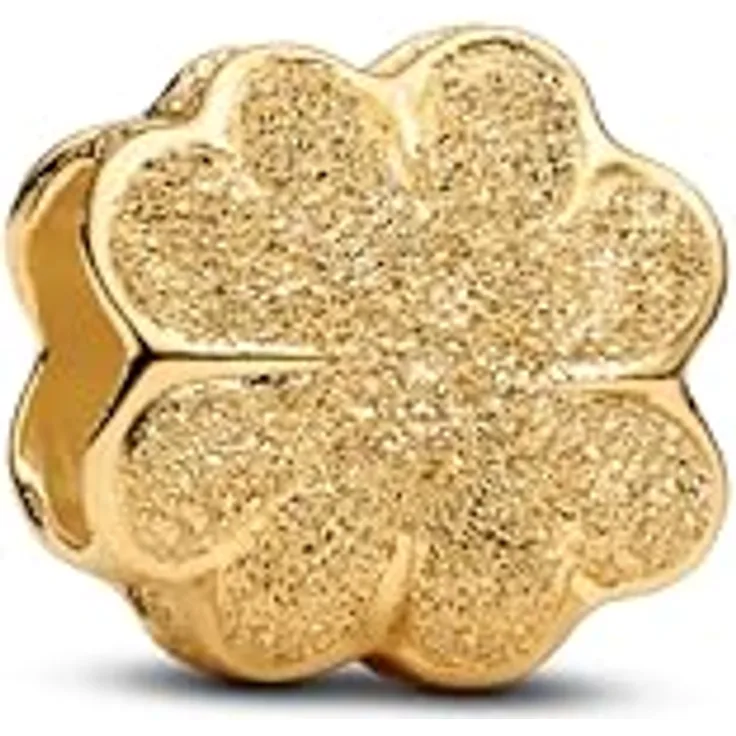 PANDORA Moments Strukturierter Kleeblatt Mini-Charm aus Sterling Silber mit 14k vergoldeter Metalllegierung, Glücksbotschaft, kompatibel mit Moments, 764047C00