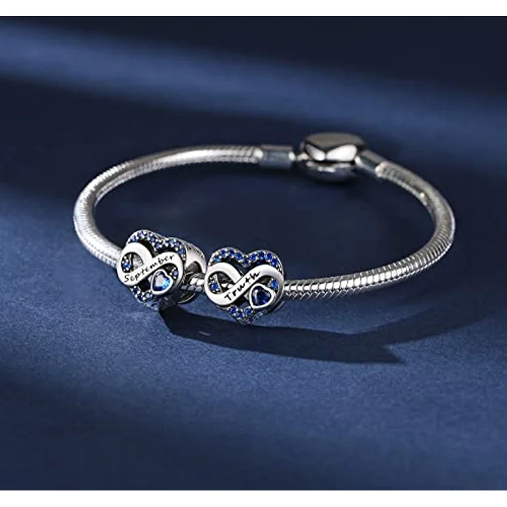 BIZK September Geburtsstein Charm Anhänger, 925 Sterling Silber mit dunkelblauem Zirkon, für Armband und Halskette, Geschenk für Frauen – Bild 2