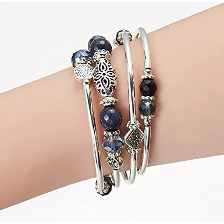 FULU AUTUMN Damen Boho Armband, Mehrschichtiges Perlen Wickelarmband mit Silber und Kristallen, blau – Bild 4
