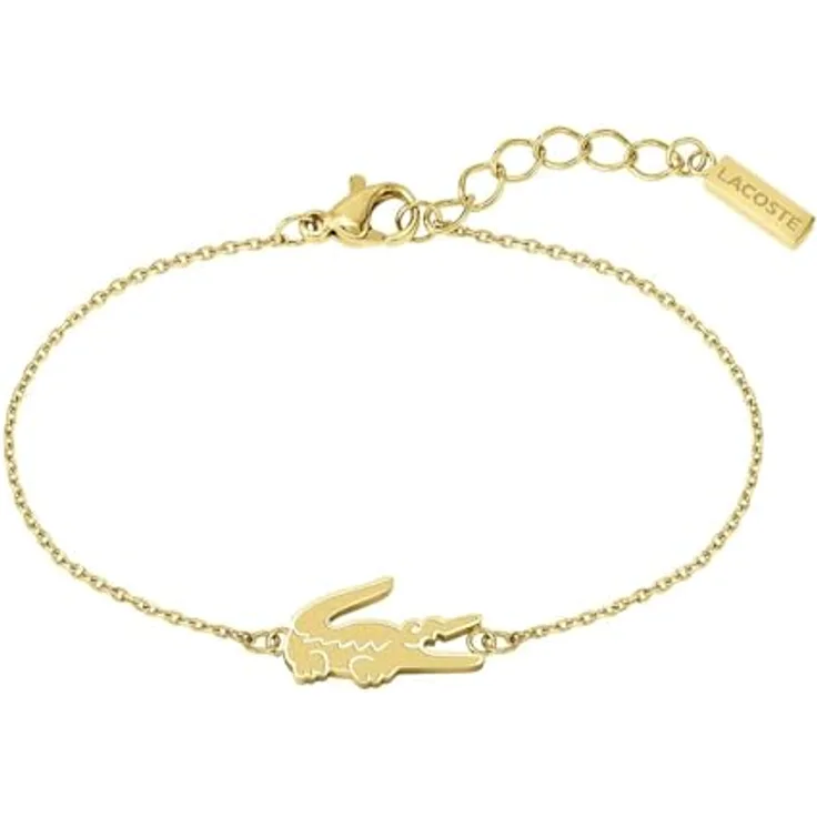 Lacoste Gliederarmband für Damen Kollektion CROCODILE, Edelstahl mit gelbgoldener IP-Beschichtung, Innenumfang 16,5 cm, verziert mit Krokodillogo, Karabinerverschluss